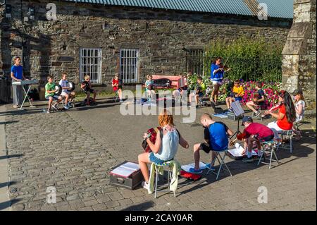 Clonakilty, West Cork, Irlanda. 9 agosto 2020. La gente di Clonakilty a West Cork è stata curata da un'improvvisata esecuzione di musica trad al sole splendente questa sera. Il Clonakilty Comhlatas Trad Music Group ha deciso di esibirsi all'aperto perché non si incontrano all'interno a causa del COVID-19. Credit: AG News/Alamy Live News Foto Stock