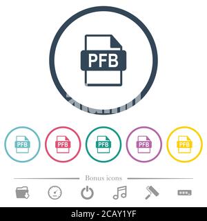 Icone a colori piatte in formato file PFB con contorni arrotondati. 6 icone bonus incluse. Illustrazione Vettoriale