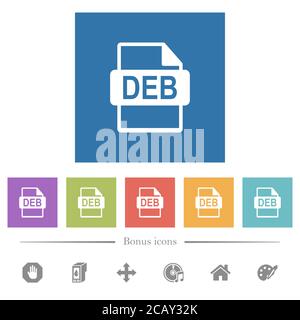 FORMATO FILE DEB icone bianche piatte in sfondi quadrati. 6 icone bonus incluse. Illustrazione Vettoriale