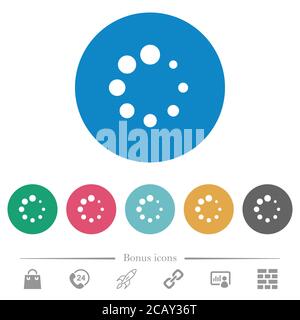 Simbolo del precarica icone bianche piatte su sfondi rotondi. 6 icone bonus incluse. Illustrazione Vettoriale