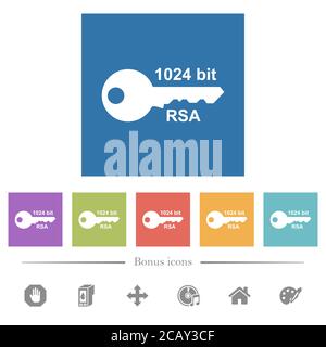 crittografia rsa a 1024 bit icone bianche piatte su sfondo quadrato. 6 icone bonus incluse. Illustrazione Vettoriale