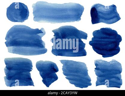 Raccolta di fatti a mano blu dipinti ad acquerello spazzole, sbavature, blob, macchie, cerchi, strisce, adesivi, spot blot, slick, web buttons, patch bac Foto Stock