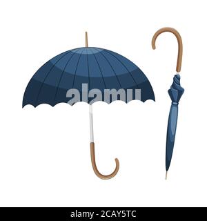 Ombrelli blu aperti e chiusi Imposta la figura vettoriale del magazzino. Illustrazione Vettoriale