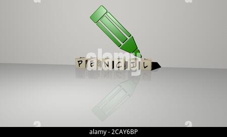 Testo A MATITA di lettere cubiche sul pavimento e icona 3D sul muro. Illustrazione 3D. Sfondo e disegno Foto Stock