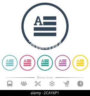 Le iniziali del testo consentono di visualizzare le icone a colori piatte nei contorni arrotondati. 6 icone bonus incluse. Illustrazione Vettoriale