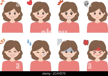 Set di espressioni facciali. Le emozioni della donna con i capelli lunghi. Isolato su sfondo bianco. Illustrazione Vettoriale
