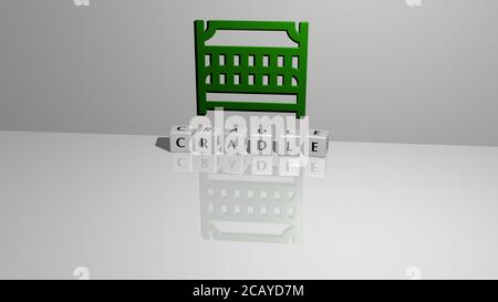 Testo della culla di lettere cubiche sul pavimento e icona 3D sulla parete. Illustrazione 3D. Bambino e bambino Foto Stock