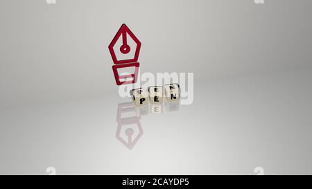 TESTO DELLA PENNA di lettere cubiche sul pavimento e icona 3D sulla parete. Illustrazione 3D. Background e business Foto Stock