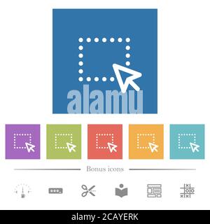 Operazione di trascinamento icone bianche piatte in sfondi quadrati. 6 icone bonus incluse. Illustrazione Vettoriale