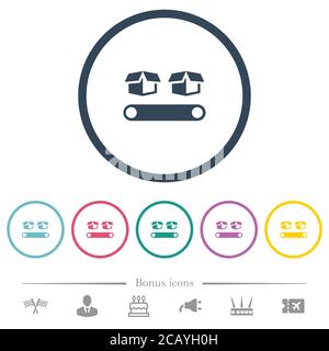 Trasportatore con scatole icone di colore piatto in contorni rotondi. 6 icone bonus incluse. Illustrazione Vettoriale