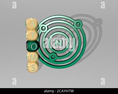 Immagine grafica 3D degli atomi in verticale insieme al testo costruito intorno all'icona da lettere cubiche metalliche dalla prospettiva superiore. Eccellente per la presentazione concettuale e le presentazioni. Illustrazione Foto Stock