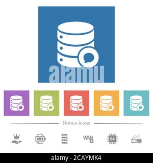 I messaggi del database sono icone bianche piatte in sfondi quadrati. 6 icone bonus incluse. Illustrazione Vettoriale