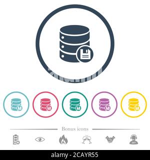 Le icone a colori piatte del database vengono salvate nei contorni arrotondati. 6 icone bonus incluse. Illustrazione Vettoriale