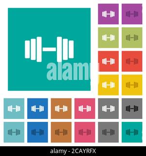 Icone piatte multicolore della palestra su sfondi quadrati. Incluse variazioni delle icone bianche e più scure per il passaggio del mouse o gli effetti attivi. Illustrazione Vettoriale