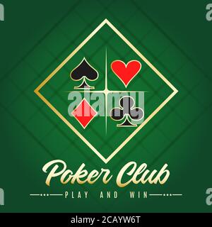 Banner Casino Poker Club. Testo in oro con tute da gioco. Illustrazione vettoriale Illustrazione Vettoriale