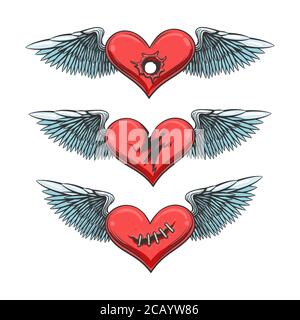 Il Tattoo di cuori alati ha messo. L'amore fa male il concetto. Strappato, sparato e cucito cuore. Illustrazione vettoriale. Illustrazione Vettoriale