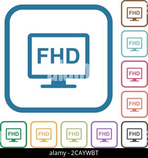 Display Full HD icone semplici a colori con cornici quadrate arrotondate su sfondo bianco Illustrazione Vettoriale