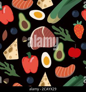 Modello senza cuciture con cibo sano come pasto, verdure e frutta. Illustrazione piatta del cartone animato vettoriale. Illustrazione Vettoriale