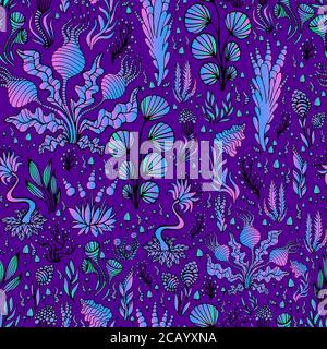 Piante decorative colorate e psichedeliche luminose motivo senza cuciture, colore rosa blu chiaro al neon, isolate su sfondo viola. Vettore disegnato a mano con abs Illustrazione Vettoriale