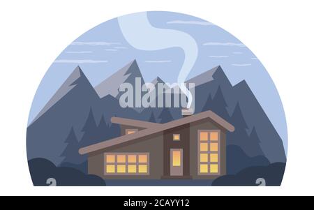 Notte paesaggio di montagna con grande casa per i turisti. Vacanze estive in montagna, affitto di case. Chalet, casa in legno, Eco house. Vector flat il Illustrazione Vettoriale