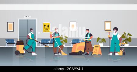 mescolare i detergenti da corsa in maschere disinfettando le cellule del coronavirus nel corridoio per prevenire la pandemia di covid-19 servizio di pulizia disinfezione controllo di epidemia illustrazione vettoriale concept orizzontale a lunghezza intera Illustrazione Vettoriale