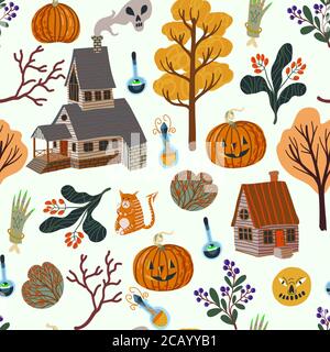 Motivo senza cuciture con gli elementi spaventosi di Halloween. Illustrazione piatta del cartone animato vettoriale. Illustrazione Vettoriale