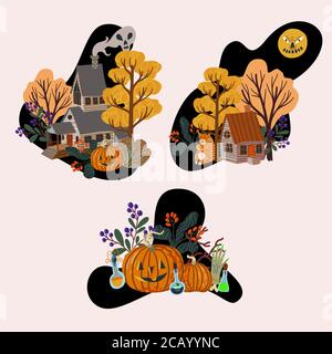 Vecchie case di legno ed elementi di Halloween isolati. Illustrazione piatta del cartone animato vettoriale. Illustrazione Vettoriale