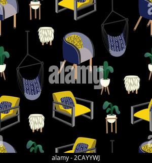 Motivo senza cuciture con elementi interni, poltrone, sedie, tavoli e altro. Illustrazione piatta del cartone animato vettoriale. Illustrazione Vettoriale