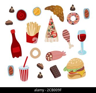 Set di fast food come hamburger, ciambelle e cola. Illustrazione piatta del cartone animato vettoriale. Illustrazione Vettoriale