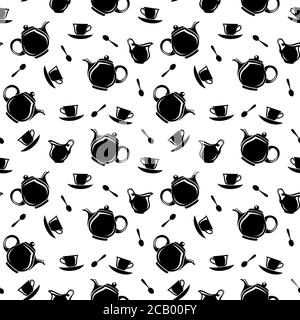 Modello Vector bianco e nero senza cuciture con silhouette di teiera, tazze, cucchiai e caraffe per il latte. Illustrazione Vettoriale