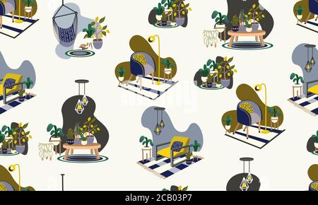 Motivo senza cuciture con elementi interni, poltrone, sedie, tavoli e altro. Illustrazione piatta del cartone animato vettoriale. Illustrazione Vettoriale