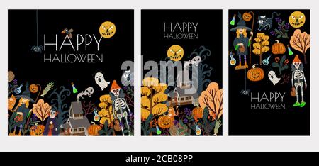 Set di striscioni o carte di Halloween con elementi spaventosi. Illustrazione piatta del cartone animato vettoriale. Illustrazione Vettoriale