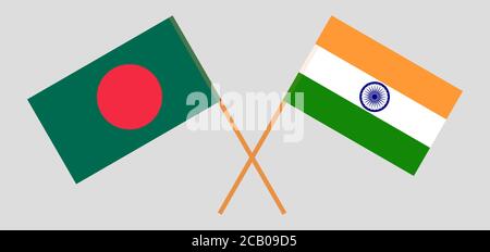 Bandiere incrociate di Bangladesh e India. Colori ufficiali. Proporzione corretta. Illustrazione vettoriale Illustrazione Vettoriale