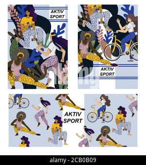 Sport attivi e fitness. Ciclismo, esercizi di manubri e jogging. Combinazione di colori neutri e design semplice e piatto. Illustrazione Vettoriale
