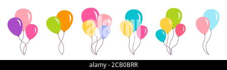 Insieme di compleanno di mazzo di palloncino. Colorati mazzi e gruppi di aerostati all'elio. Festa di compleanno disegno cartoon collezione piatta. Festa anniversario sorpresa regalo round ballon. Illustrazione vettoriale isolata Illustrazione Vettoriale