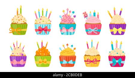 Set di coppe per compleanno. Muffin colorati Cartoon, deliziosi dolci per torte. Cupcake, candele e fette di cioccolato, crema. Dolci natalizi, muffin allo zucchero. Illustrazione vettoriale isolata Illustrazione Vettoriale