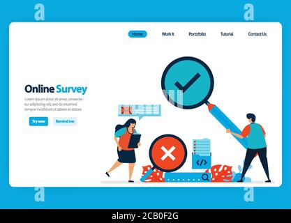 Progettazione di landing page per sondaggi ed esami online, verifica e convalida dei risultati dei quiz degli esami con lente di ingrandimento. Illustrazione piatta per il documento, Illustrazione Vettoriale