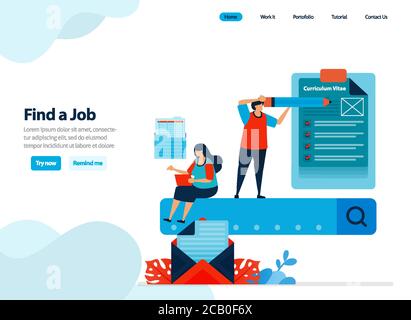 disegno di web site di ricerca di lavoro e trovando i candidati di job. che corrispondono con search engine. Illustrazione piatta per il modello della pagina di destinazione, Illustrazione Vettoriale