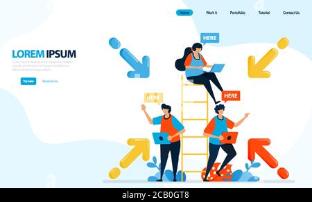 Illustrazione vettoriale delle persone al punto d'incontro. Simulazione della sicurezza per la gestione dei disastri e segnale di pericolo. Progettato per landing page, modello, Illustrazione Vettoriale