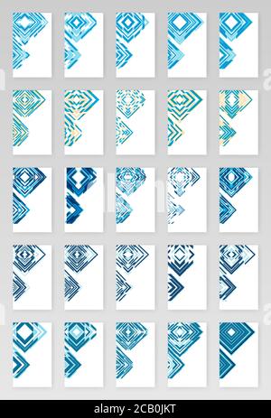Pacchetto decor angolare per biglietti da visita in stile moderno tecnologico. Ornamento moderno per disegni in Blu chiaro e Blu scuro. È possibile utilizzare illustrazioni di progettazione Illustrazione Vettoriale