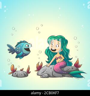 Piccola sirena con pesce. Illustrazione vettoriale disegnata a mano con livelli separati. Illustrazione Vettoriale