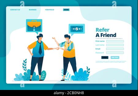 Disegno vettoriale della landing page di segnala un amico. Progettazione di siti Web, Web, banner, app mobili, poster, brochure, modello, cartelloni, pagina di benvenuto, promo Illustrazione Vettoriale