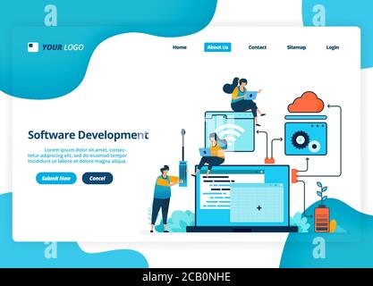 Progettazione di pagine di destinazione vettoriali per lo sviluppo di software. Diagramma di flusso nella pianificazione e progettazione di software. Illustrazione della landing page, del sito Web, delle app mobili, Illustrazione Vettoriale