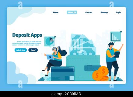 Pagina di destinazione delle applicazioni di deposito. La società senza contanti effettua pagamenti di fatture, consente di risparmiare denaro, portafoglio e transazioni finanziarie. Illustrazione della landing page, Web Illustrazione Vettoriale