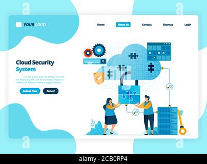 modello di landing page del sistema di sicurezza del cloud computing. cooperazione per migliorare la sicurezza dell'accesso all'hosting. illustrazione per ui ux, sito web, web, Illustrazione Vettoriale