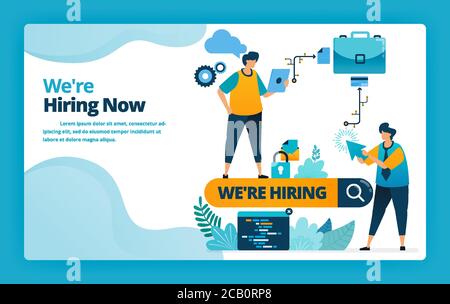 Illustrazione vettoriale della landing page di assumere i migliori lavoratori e dipendenti con promozioni di lavoro e annunci nei motori di ricerca. Design per sito web, web, b Illustrazione Vettoriale