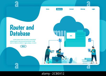 Modello di landing page del servizio di archiviazione di cloud e cartelle. Organizzare i file di rete e le connessioni nel cloud per lavorare sul database. Illustrazione di la Illustrazione Vettoriale