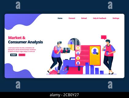 Modello banner cartoon vettoriale per analisi di mercato e clienti con statistiche. Landing page e siti web creativi modelli di design per le aziende. CAN Illustrazione Vettoriale