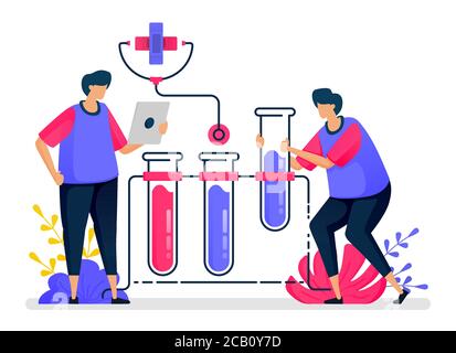 Illustrazione vettoriale piatta degli esperimenti chimici con provette per l'apprendimento e l'educazione sanitaria. Progettazione per l'assistenza sanitaria. Può essere utilizzato per il pianerottolo pa Illustrazione Vettoriale