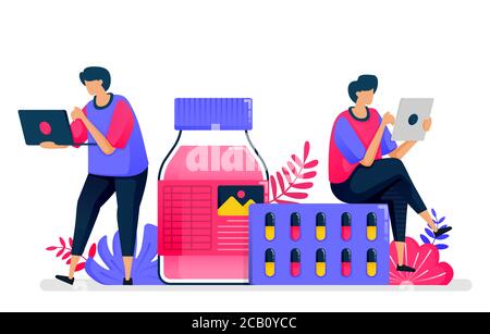 Illustrazione vettoriale piatta dei servizi sanitari. Medicina liquida, pillola e fornitore di farmaci per farmacie. Progettazione per l'assistenza sanitaria. Può essere utilizzato per il pianerottolo pa Illustrazione Vettoriale